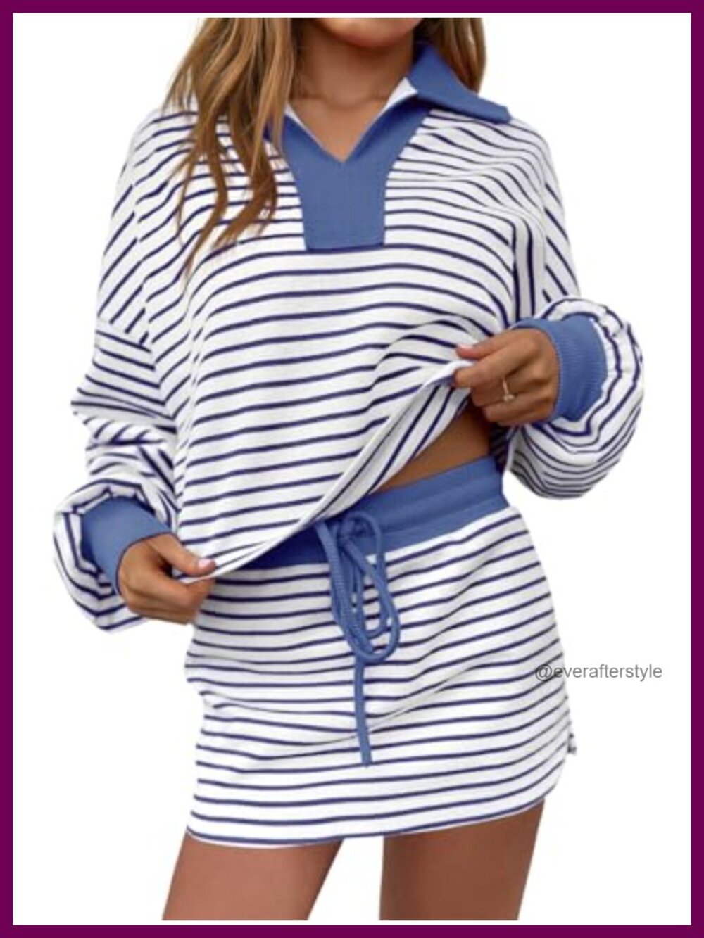 Women's Striped 2 Piece Lounge Set V-Neck Sweatshirt Skort